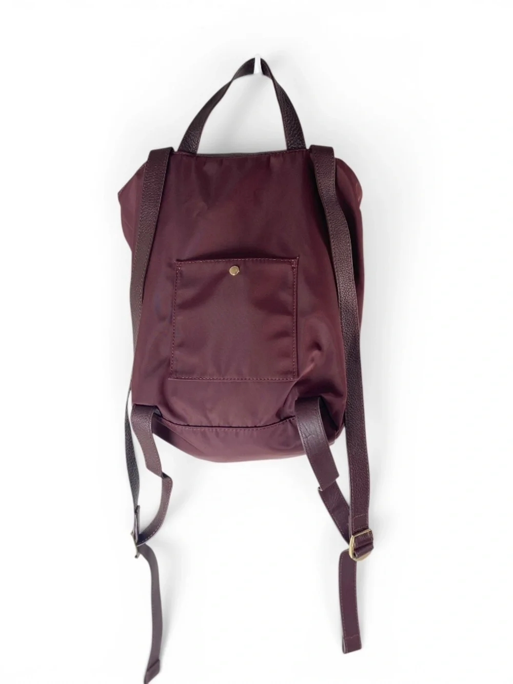 Levenger Burgundy Nylon Leather Backpack Drawstring Lightweight Travel Work Bag
